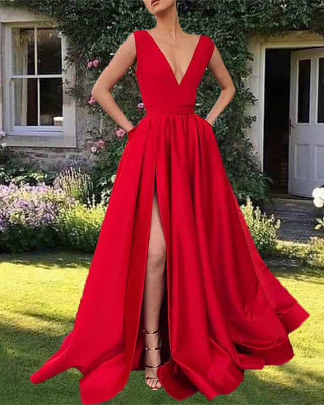 Plunge V-neck Long Satin Red Prom Dress Leg Split Evening Gowns Plunge V-neck Long Satin Red Prom Dress Leg Split Evening Gowns