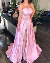Load image into Gallery viewer, Sexy Side Split Prom Dresses Strapless Satin Embroidery