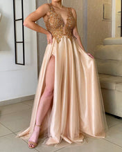 Load image into Gallery viewer, Gold Lace Beaded Prom Long Dresses Side Split-alinanova
