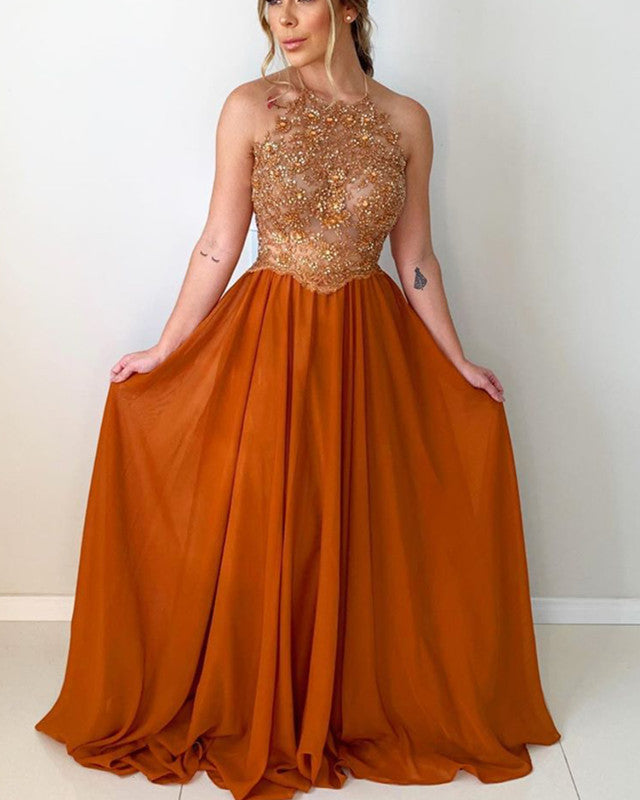 Long Chiffon Halter Prom Dresses Lace Beaded Open Back Long Chiffon Halter Prom Dresses Lace Beaded Open Back