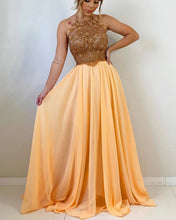 Load image into Gallery viewer, Long Chiffon Halter Prom Dresses Lace Beaded Open Back