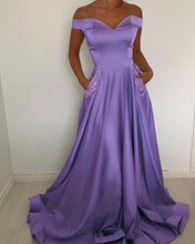 Load image into Gallery viewer, Off The Shoulder Satin Prom Dresses Beaded Pockets