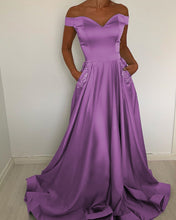 Load image into Gallery viewer, Off The Shoulder Satin Prom Dresses Beaded Pockets-alinanova