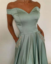 Load image into Gallery viewer, Off The Shoulder Satin Prom Dresses Beaded Pockets