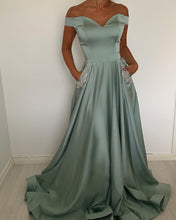 Load image into Gallery viewer, Off The Shoulder Satin Prom Dresses Beaded Pockets