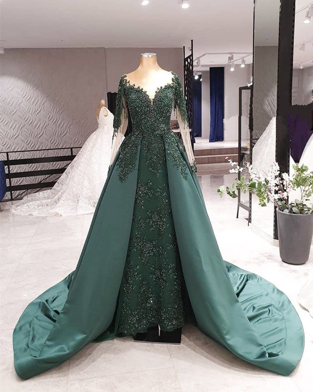 Long Sleeves Mermaid Prom Dresses Sweep Train Lace Beaded Long Sleeves Mermaid Prom Dresses Sweep Train Lace Beaded