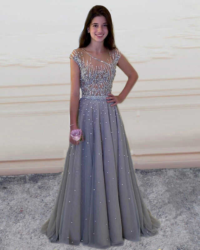 Sheer Beaded Top Prom Dresses Tulle Floor Length alinanova Sheer Beaded Top Prom Dresses Tulle Floor Length alinanova