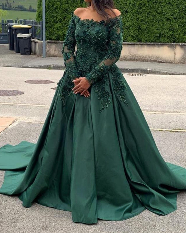 A-Line /Princess Long Sleeves Prom Dresses Lace Beaded Off The Shoulder A-Line /Princess Long Sleeves Prom Dresses Lace Beaded Off The Shoulder