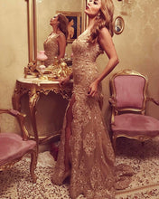 Load image into Gallery viewer, Gold Lace Prom Dresses Mermaid