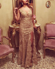 Load image into Gallery viewer, Lace Mermaid Prom Dresses V Neck Open Back Leg Slit