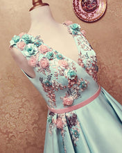 Load image into Gallery viewer, Long Satin Empire Prom Dresses V Neck 3D Flowers Embroidery-alinanova