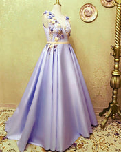 Load image into Gallery viewer, Long Satin Empire Prom Dresses V Neck 3D Flowers Embroidery