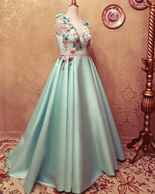 Load image into Gallery viewer, Long Satin Empire Prom Dresses V Neck 3D Flowers Embroidery