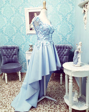 Load image into Gallery viewer, High Low Prom Dresses Lace Flowers Spaghetti Straps