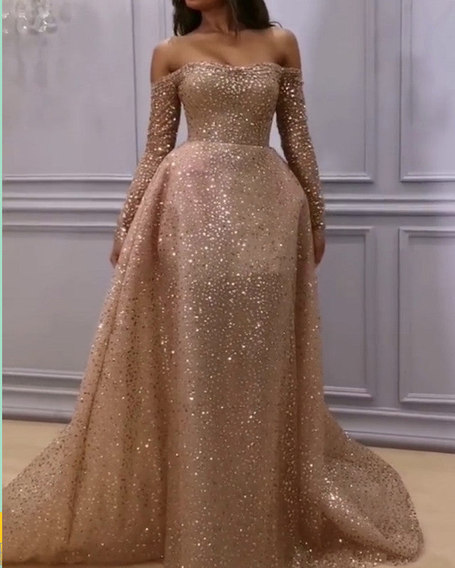 slim fit dress slacks Radiant Gold Sequin Lace Prom Dresses Ruffled Off The Shoulder Evening Dress 24050 Custom Colors / US14 main image 0