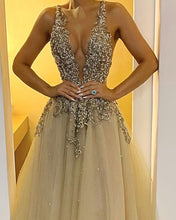 Load image into Gallery viewer, Tulle Floor Length Prom Dresses Plunge Neck Embroidery Beaded