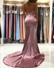 Load image into Gallery viewer, Sexy Mermaid V Neck Split Satin Prom Dresses
