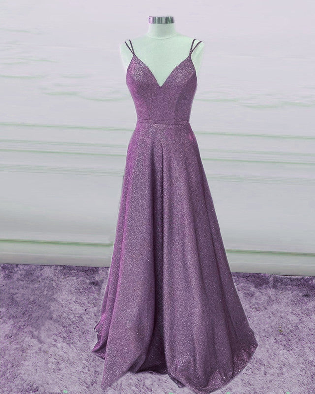 Light Purple Glitter Prom Dresses V Neck Spaghetti Straps – alinanova