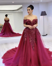 Load image into Gallery viewer, Mermaid Off The Shoulder Prom Dresses Tulle Embroidery Court Train
