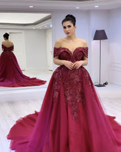 Load image into Gallery viewer, Mermaid Off The Shoulder Prom Dresses Tulle Embroidery Court Train-alinanova