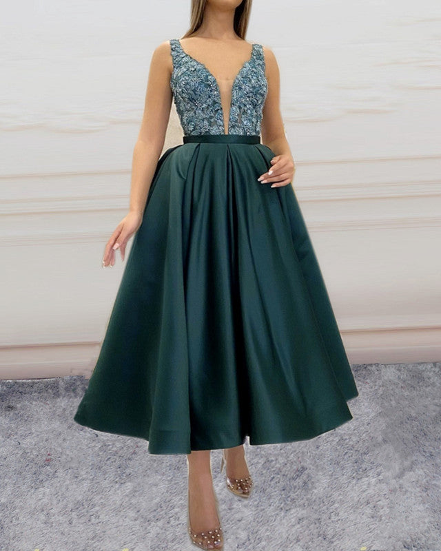 Elegant Lace V Neck Satin Prom Dresses Midi Elegant Lace V Neck Satin Prom Dresses Midi