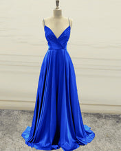 Load image into Gallery viewer, A-line V Neck Prom Long Dresses Satin Split-alinanova
