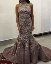 Load image into Gallery viewer, Lace Embroidery Mermaid Prom Dresses Halter Evening Gown