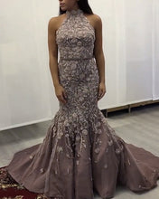 Load image into Gallery viewer, Lace Embroidery Mermaid Prom Dresses Halter Evening Gown-alinanova