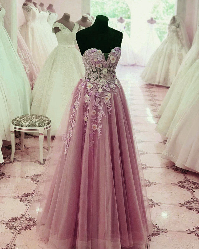 Tulle Sweetheart Prom Long Dresses With 3D Flowers – alinanova