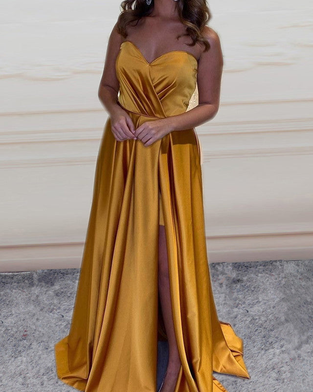Ruched Sweetheart Split Prom Dresses Satin Long  alinanova