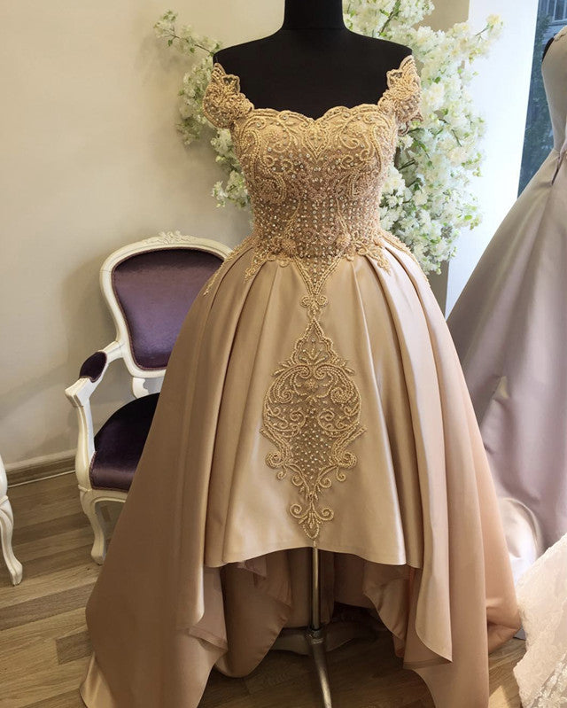 High Low Prom Dresses Lace Embroidery Satin Gowns High Low Prom Dresses Lace Embroidery Satin Gowns