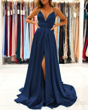 Load image into Gallery viewer, Long Satin Prom Dresses V Neck Leg Split