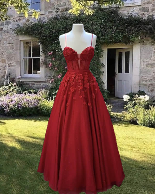 Red Tulle Corset Ball Gown With 3D Flowers Red Tulle Corset Ball Gown With 3D Flowers