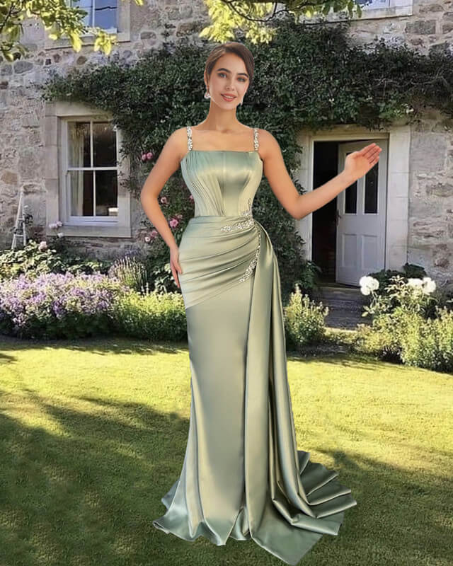 Mermaid Sage Satin Spaghetti Straps Prom Dress – alinanova