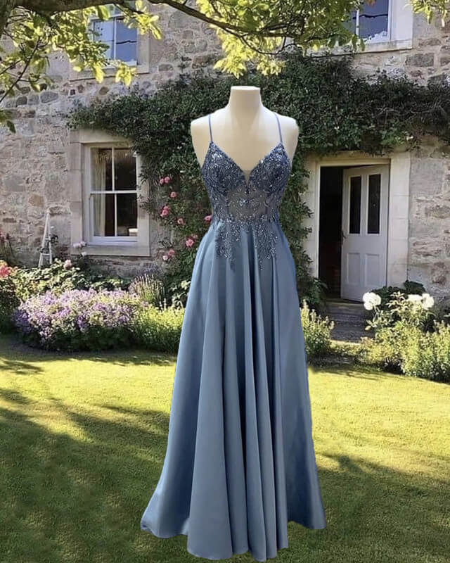 A-Line V Neck Satin Beaded Gown A-Line V Neck Satin Beaded Gown