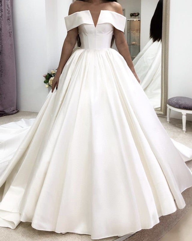 Puffy Wedding Dress Satin Ball Gown Off Shoulder