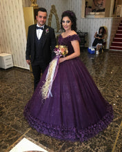 Load image into Gallery viewer, Purple Flower Wedding Dresses Ball Gown V-Neck Off The Shoulder