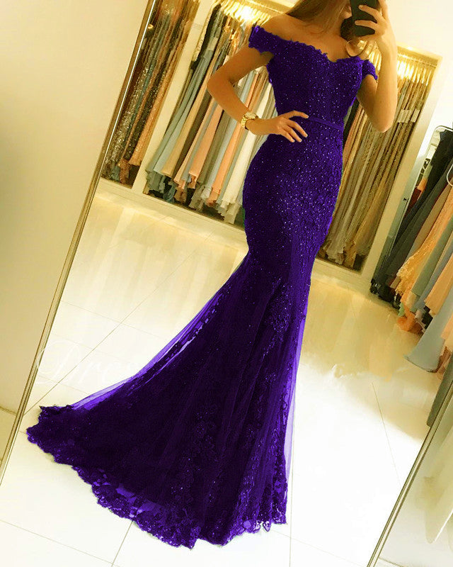Purple Lace Mermiad Prom Dresses Off The Shoulder – alinanova
