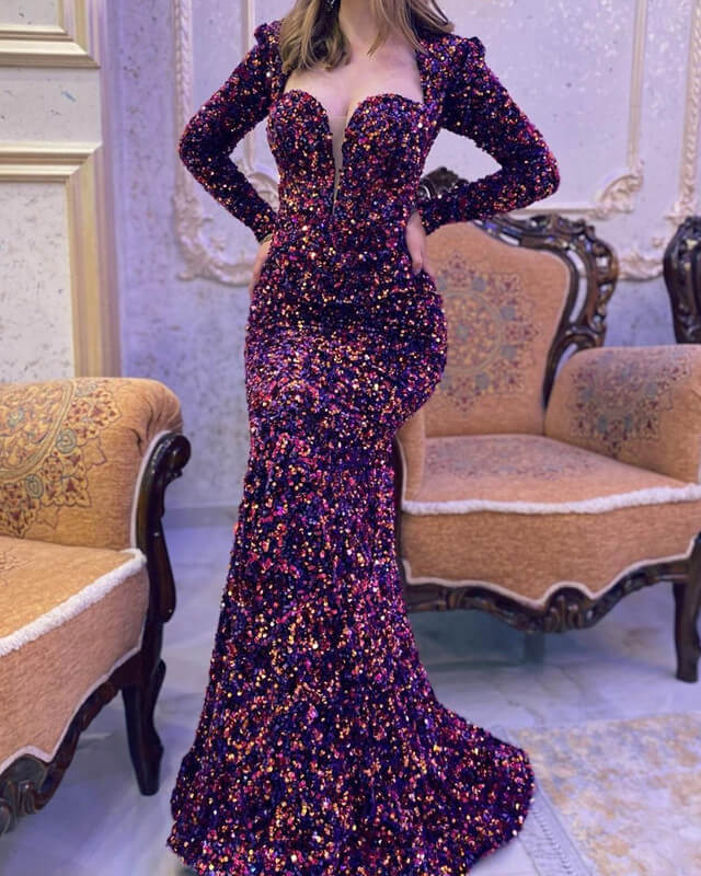 Purple Mermaid Sequin Long Sleeve Prom Dresses – alinanova