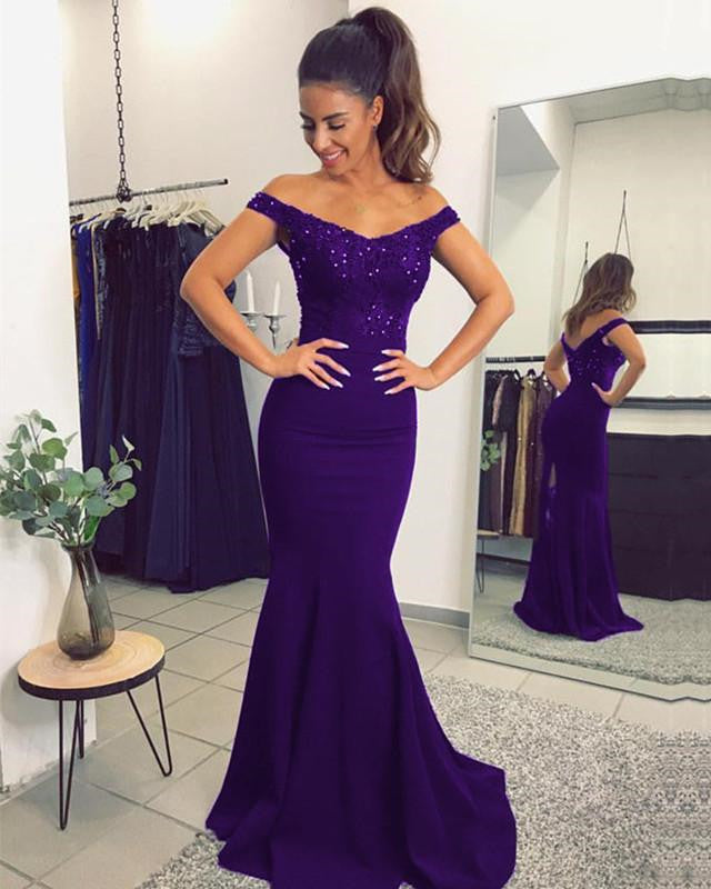Purple Lace Beaded Mermaid V-neck Off The Shoulder Bridesmaid Dresses Purple Lace Beaded Mermaid V-neck Off The Shoulder Bridesmaid Dresses
