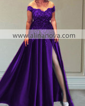 Load image into Gallery viewer, Off The Shoulder Split Satin Prom Dresses With 3D Flowers-alinanova