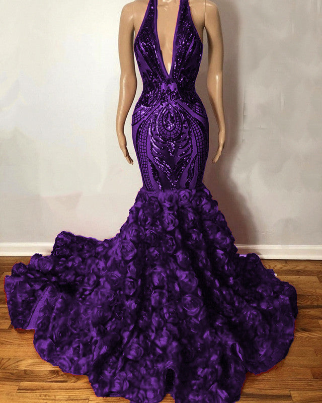 Halter Mermaid Sequin Rosette Prom Dresses Halter Mermaid Sequin Rosette Prom Dresses