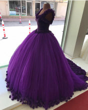 Load image into Gallery viewer, Purple Tulle Ball Gowns Flower Wedding Dresses Crystal Beaded Bodice