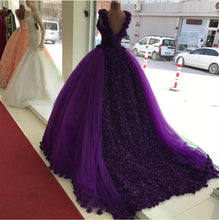 Load image into Gallery viewer, Purple Tulle Ball Gowns Flower Wedding Dresses Crystal Beaded Bodice