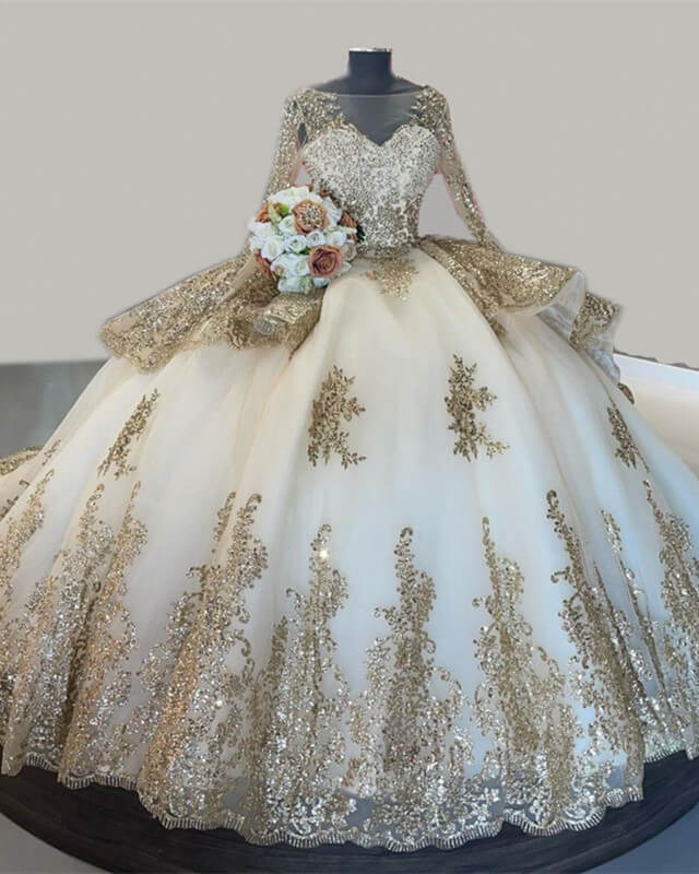 alinanova Ball Gown Long Sleeve Quinceanera Dresses with Gold Lace