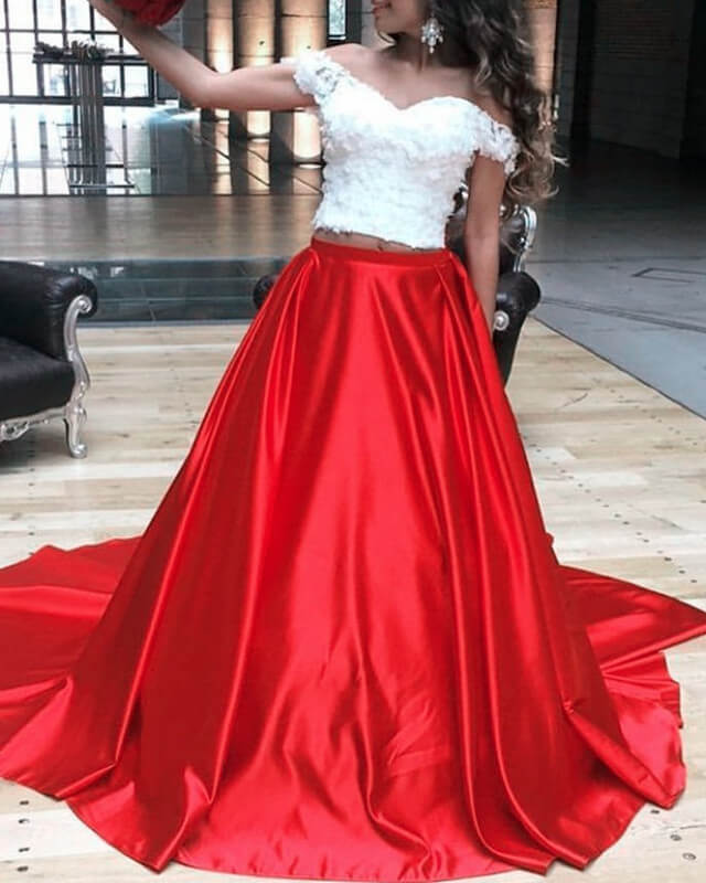 Two Piece Satin Prom Dresses With White Lace Crop Top Two Piece Satin Prom Dresses With White Lace Crop Top