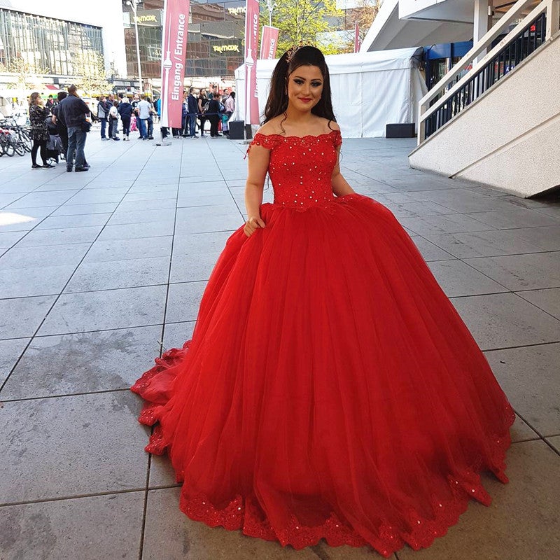knee length dresses for ladies Red Sequin Lace Prom Dress with Slit, Ruffled Off-The-Shoulder Evening Dress main image 0