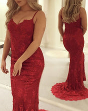 Load image into Gallery viewer, Red Lace Prom Dress Mermaid Spaghetti Straps