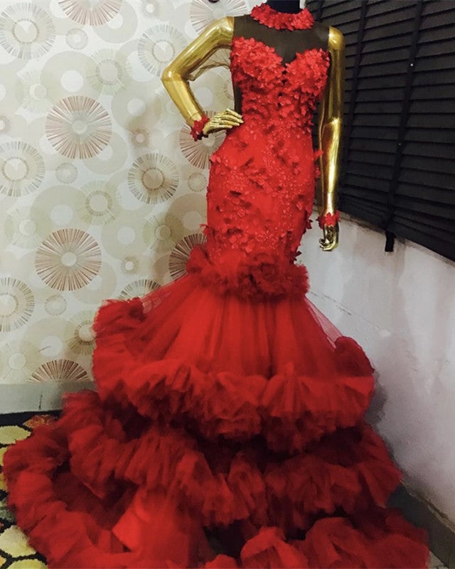 chinese dress ladies Red Layered Appliques Mermaid Prom Dresses