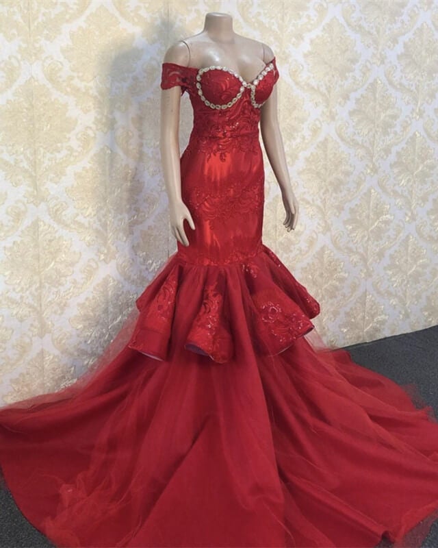 Red Mermaid Appliques Prom Dresses Off Shoulder Red Mermaid Appliques Prom Dresses Off Shoulder